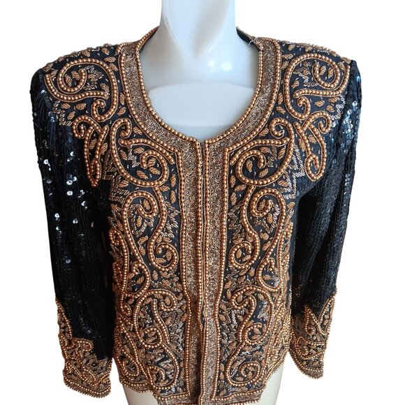 Small Vintage Bolero Jacket Black Gold Beaded Sequin Embroidery Patra - Picture 3 of 15